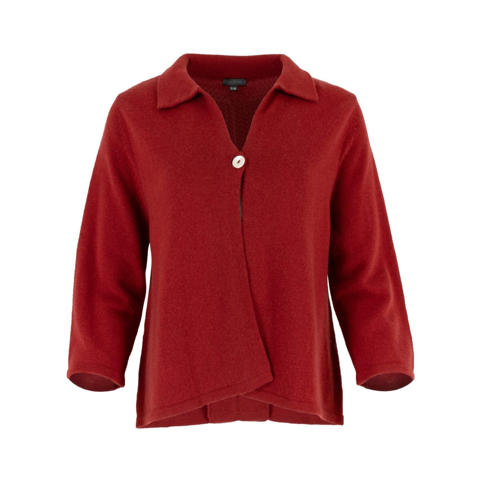 one button cardigan with collar, open front and long sleeves in rust colour, front view