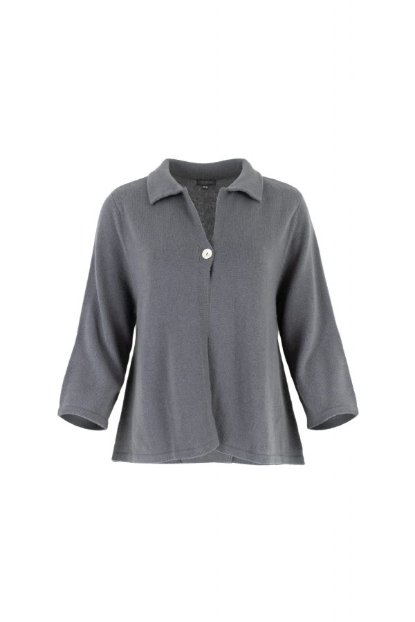 one button cardigan with collar, open front and long sleeves in smoke colour, front view