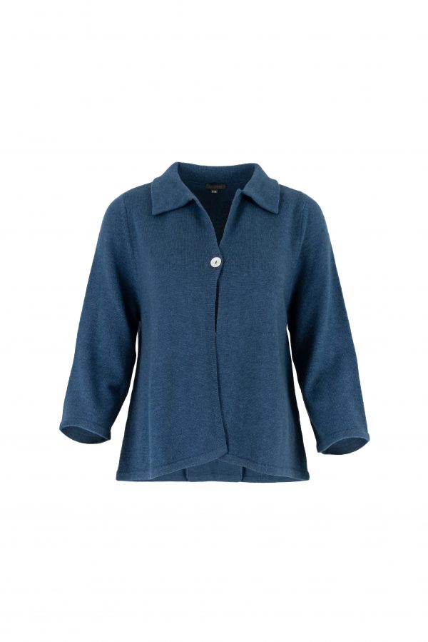 one button cardigan with collar, open front and long sleeves in teal colour, front view