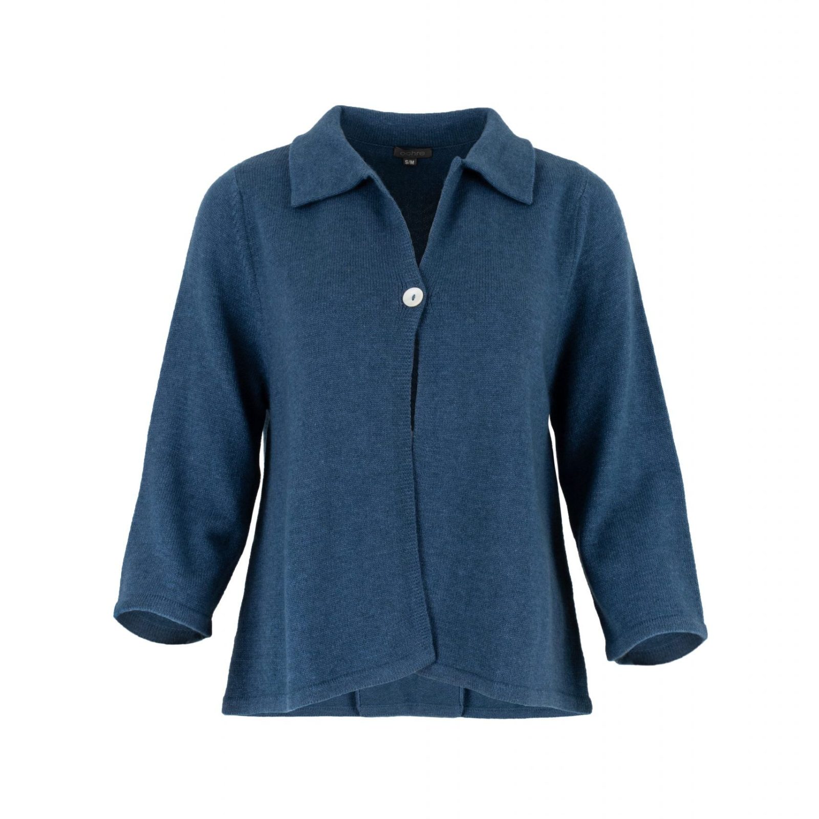 one button cardigan with collar, open front and long sleeves in teal colour, front view