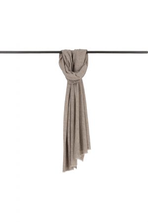Fine-scarf-cappuccino-colour Fine Scarf in cappuccino melange—cashmere-blend knitted scarf, 1 cm fringe, 190×65 cm