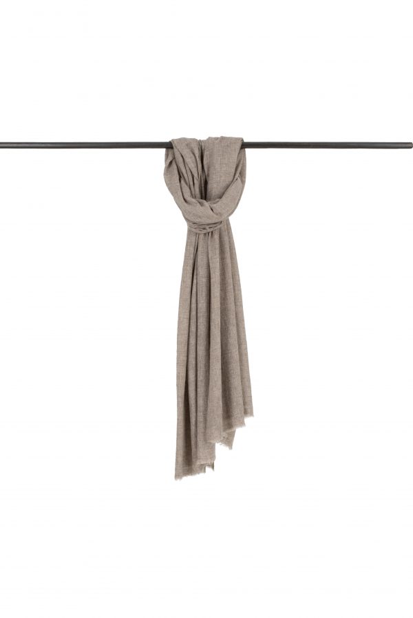 Fine-scarf-cappuccino-colour - Ochre Knitwear Fine Scarf in cappuccino melange—cashmere-blend knitted scarf, 1 cm fringe, 190×65 cm