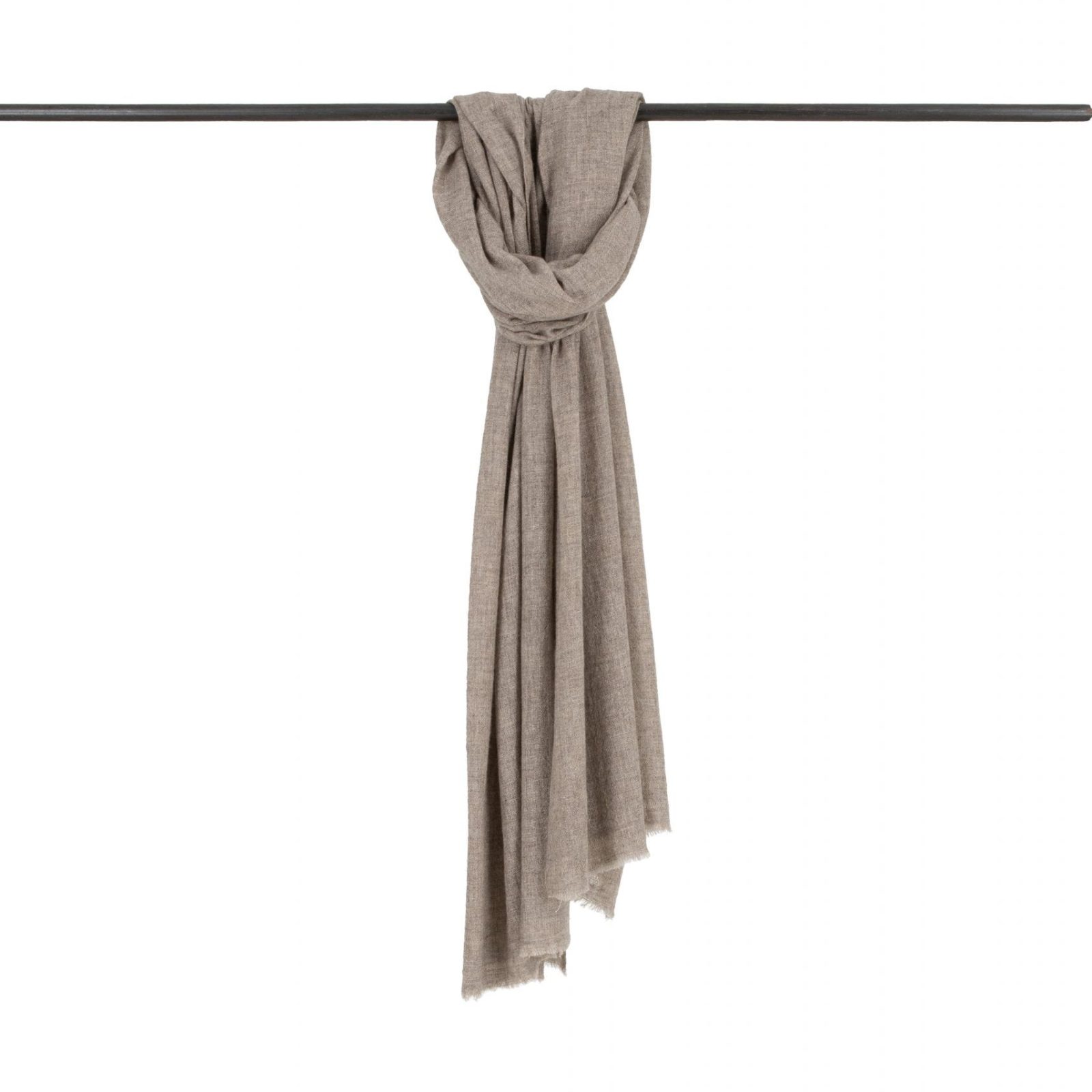 Fine-scarf-cappuccino-colour - Ochre Knitwear Fine Scarf in cappuccino melange—cashmere-blend knitted scarf, 1 cm fringe, 190×65 cm
