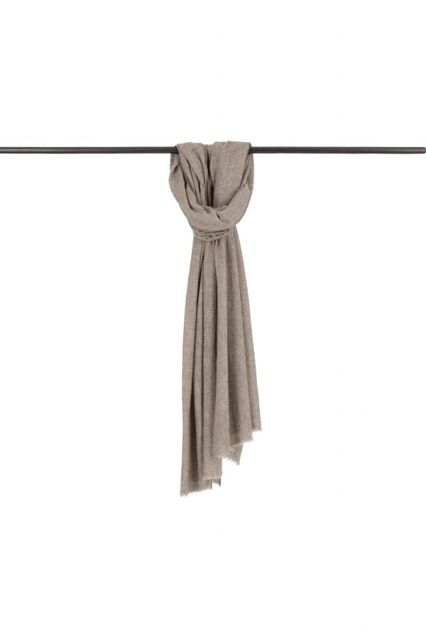 Fine-scarf-cappuccino-colour - Ochre Knitwear Fine Scarf in cappuccino melange—cashmere-blend knitted scarf, 1 cm fringe, 190×65 cm