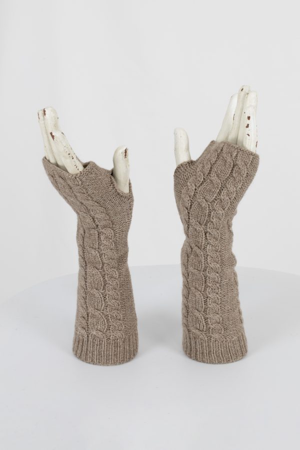 Long-cable-fingerless-gloves-mocha - Ochre Knitwear Long cable fingerless gloves in mocha – cashmere & lambswool, 28 cm