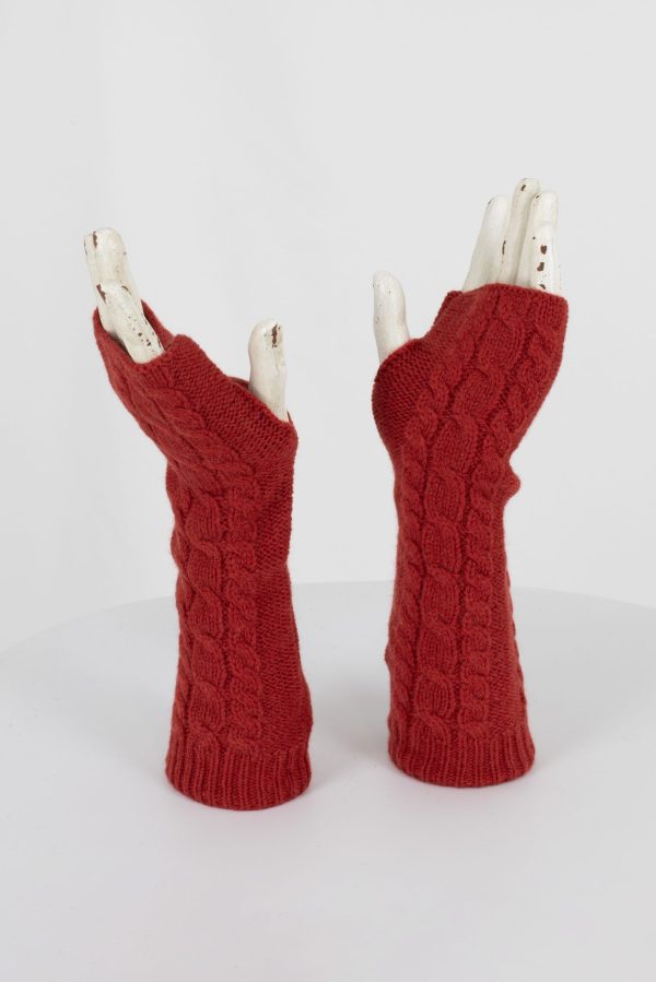 Long cable fingerless gloves in rust – cashmere & lambswool, 28 cm