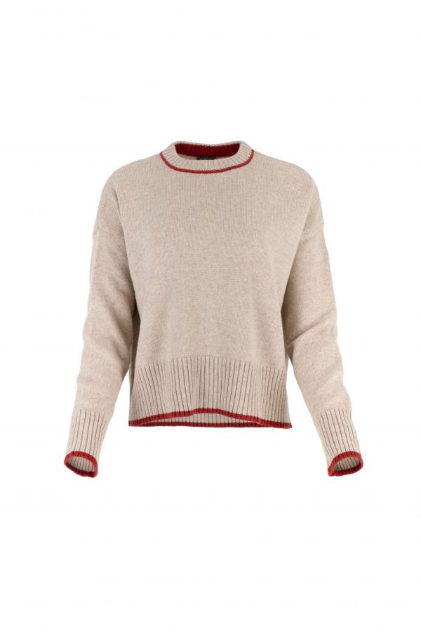 Jumper in Oatmeal with long sleeves Rust contrast trim on neck hem and cuffs front view