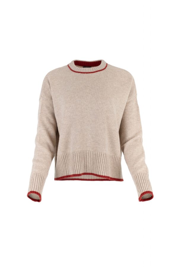 contrast trim cashmere jumper in Oatmeal with long sleeves Rust contrast trim on neck hem and cuffs front view