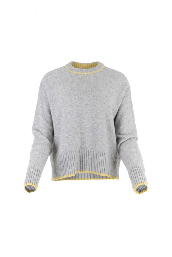 Jumper in silver marl with long sleeves Turmeric contrast trim on neck hem and cuffs. Front view