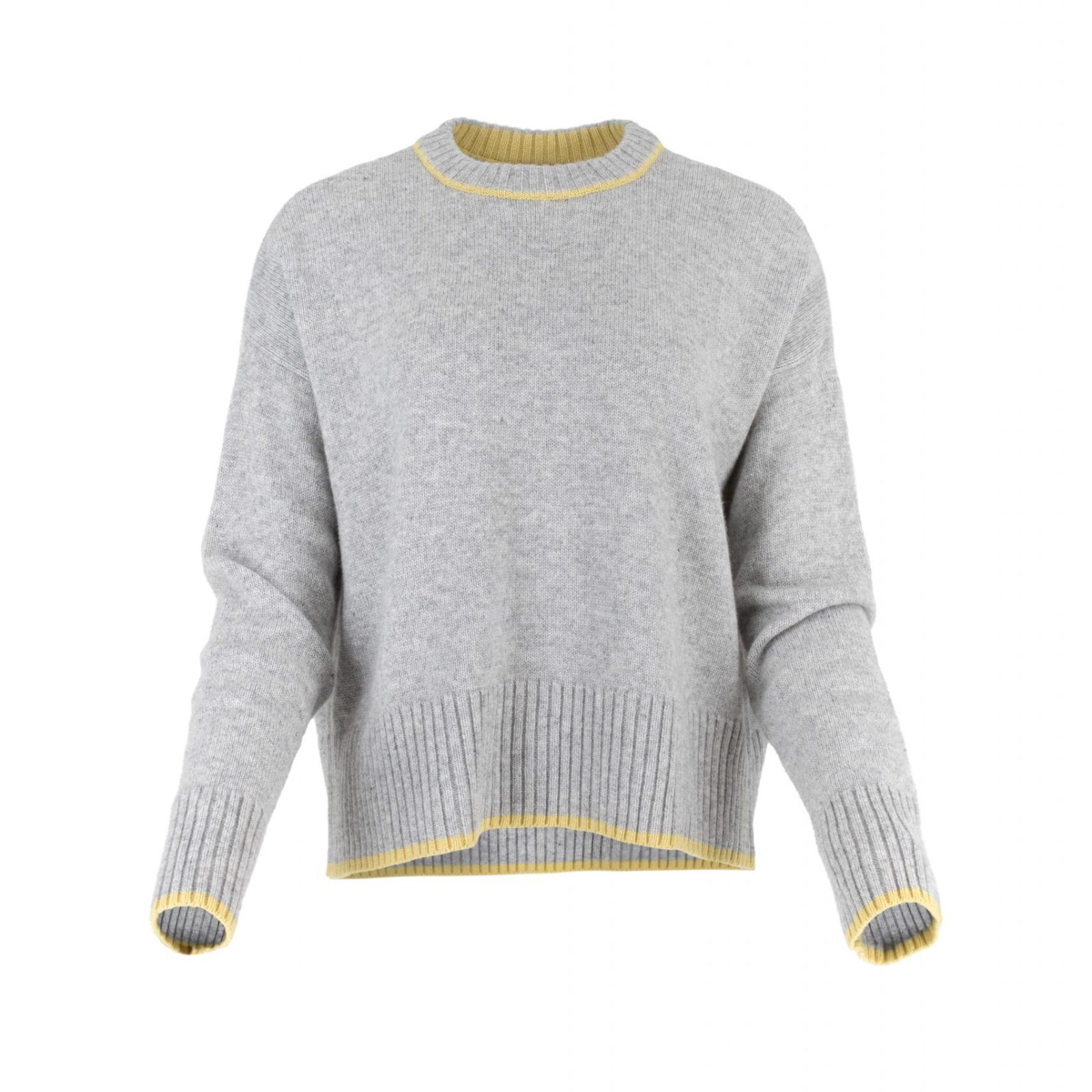 contrast trim cashmere jumper in silver marl with long sleeves Turmeric contrast trim on neck hem and cuffs. Front view