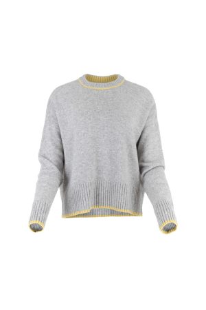 contrast trim cashmere jumper in silver marl with long sleeves Turmeric contrast trim on neck hem and cuffs. Front view