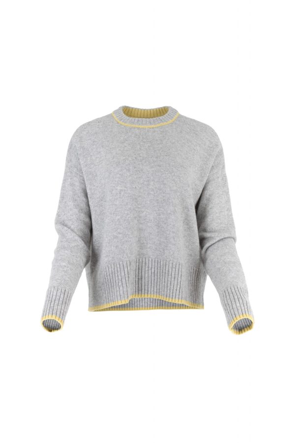 contrast trim cashmere jumper in silver marl with long sleeves Turmeric contrast trim on neck hem and cuffs. Front view