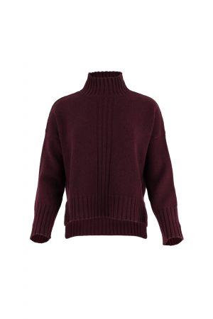 funnel neck jumper in Burgundy – front view with 6 cm centre-front rib detail