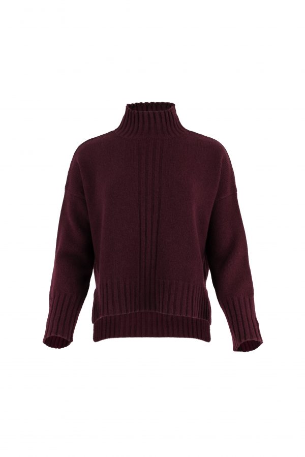Sawyer-funnel-neck-jumper-burgundy-front-view - Ochre Knitwear funnel neck jumper in Burgundy – front view with 6 cm centre-front rib detail