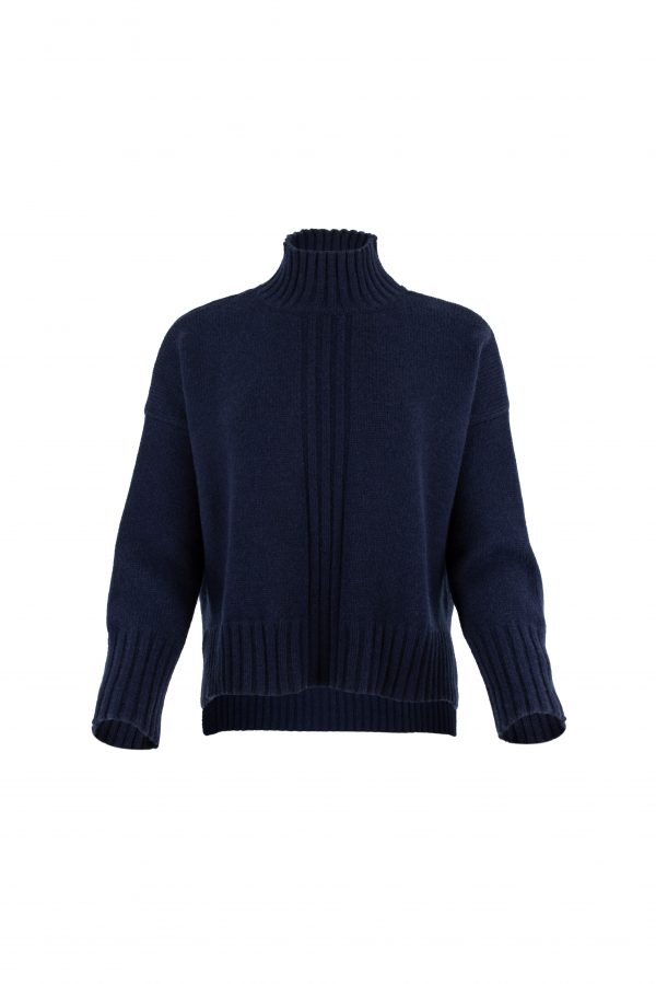 funnel neck jumper in navy – front view with 6 cm centre-front rib detail