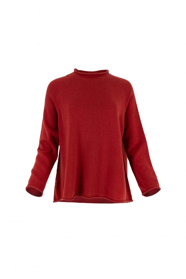 Shyla jumper in rust — round neck, raglan sleeve, rolled edges (front)