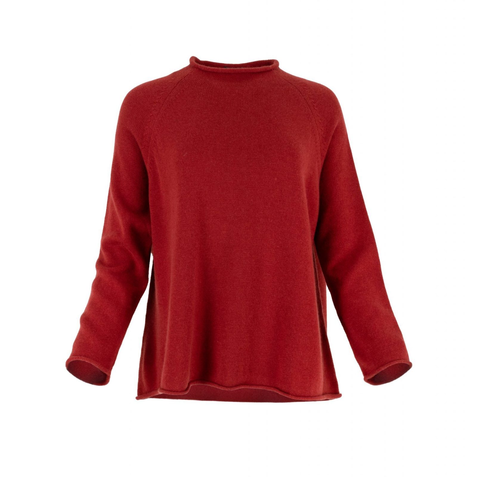 Shyla jumper in rust — round neck, raglan sleeve, rolled edges (front)