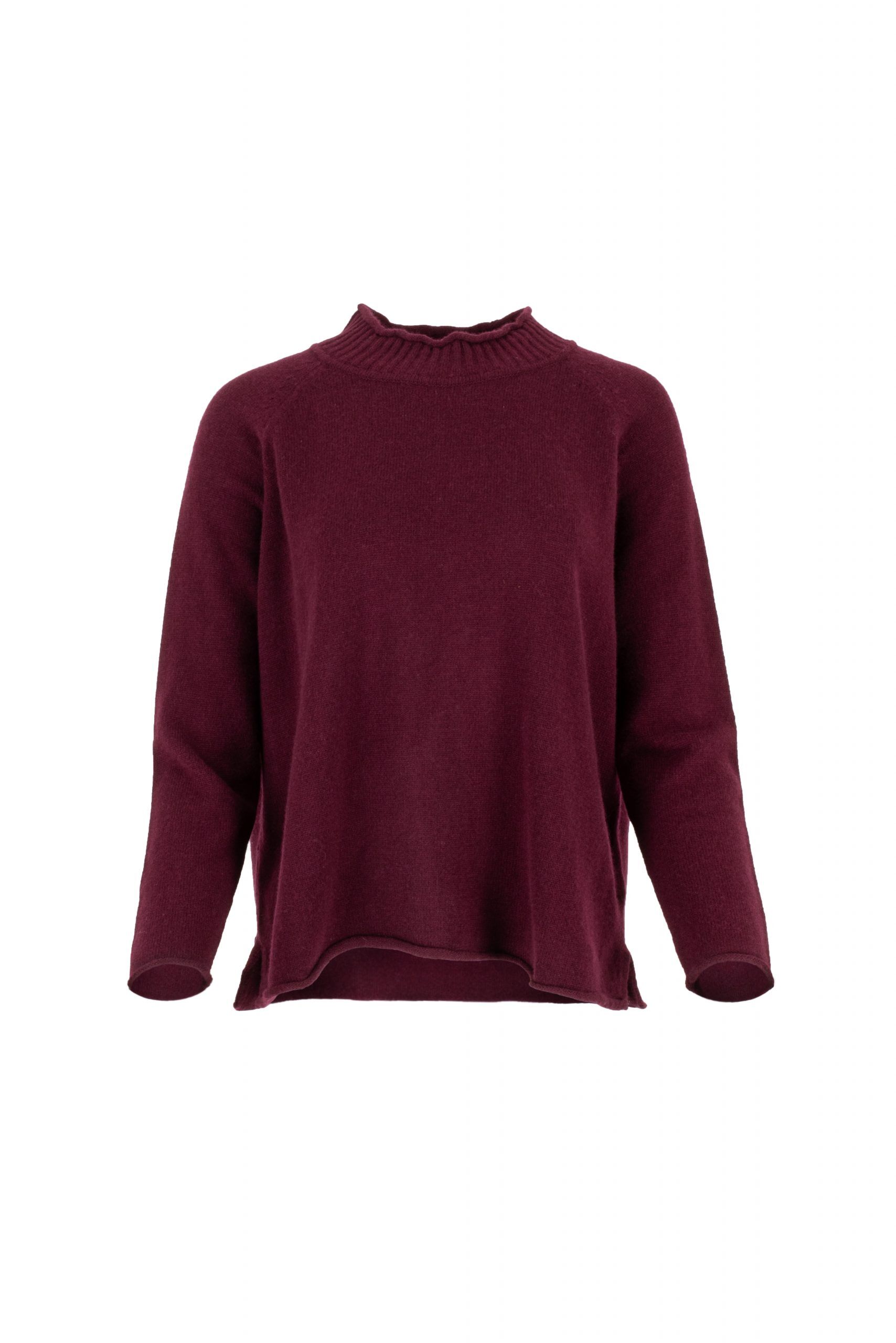 jumper with long sleeves and side split in burgundy colour made from cashmere, front view