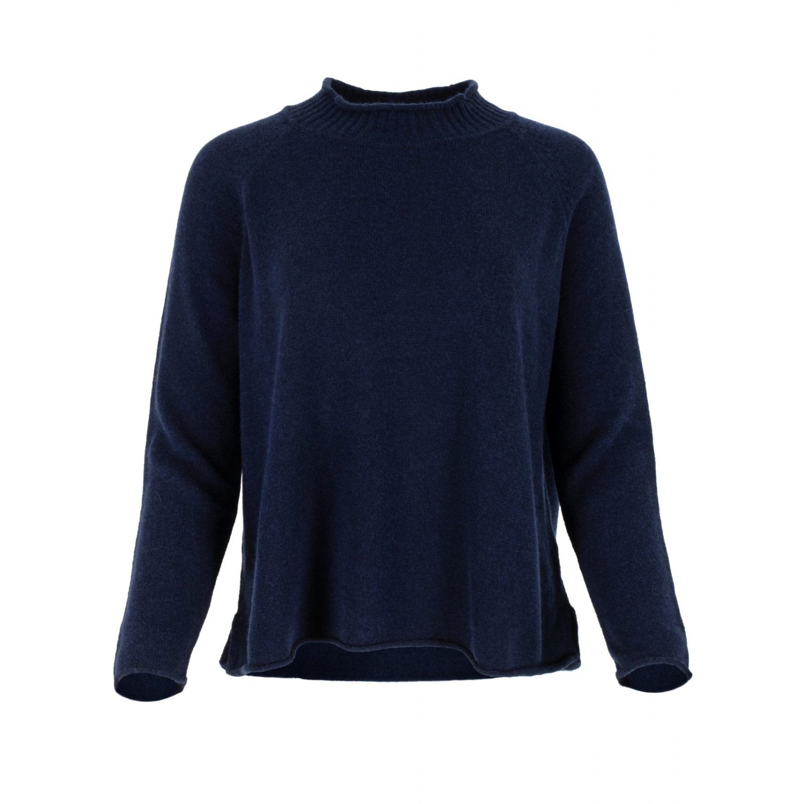 jumper with long sleeves and side split in navy colour made from cashmere, front view