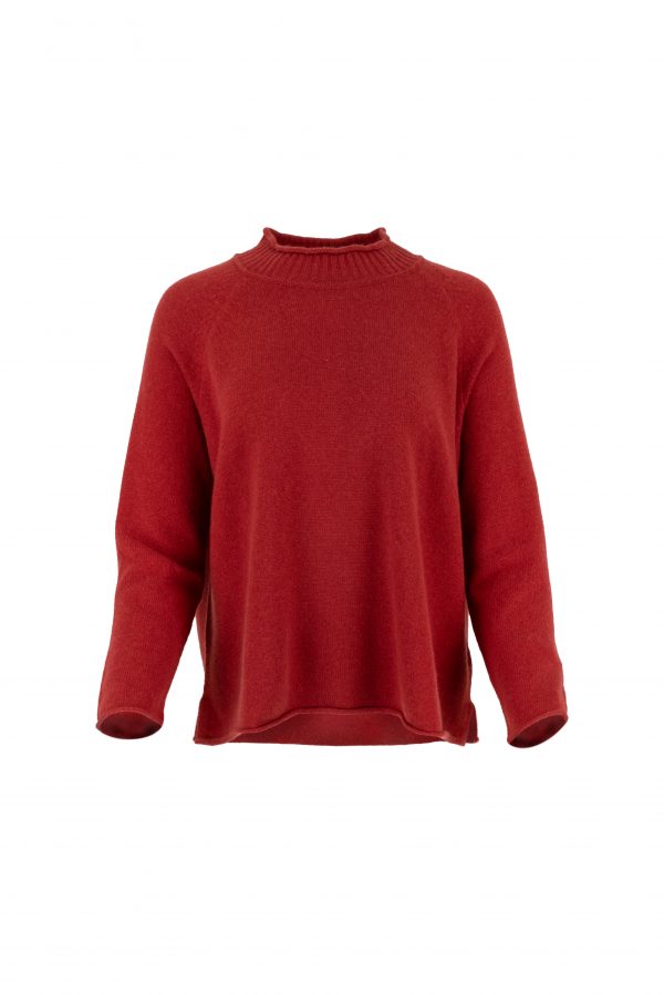 Shore-jumper-rust-colour-front-view - Ochre Knitwear jumper with long sleeves and side split in rust colour made from cashmere, front view