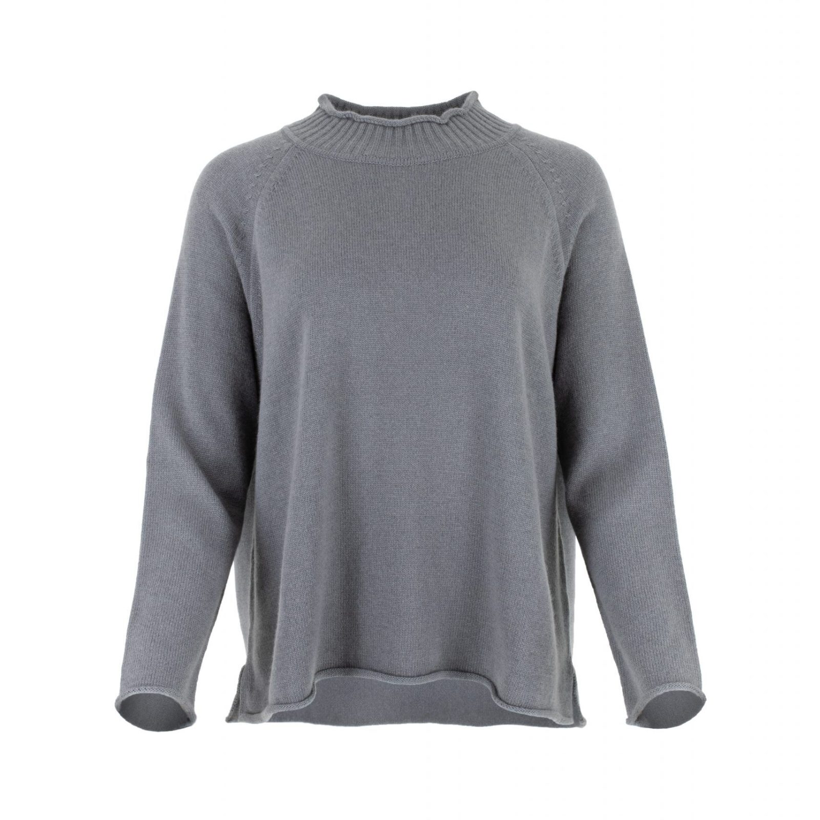 jumper with long sleeves and side split in smoke colour made from cashmere, front view