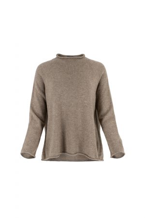 Shyla jumper in mocha — round neck, raglan sleeve, rolled edges (front)