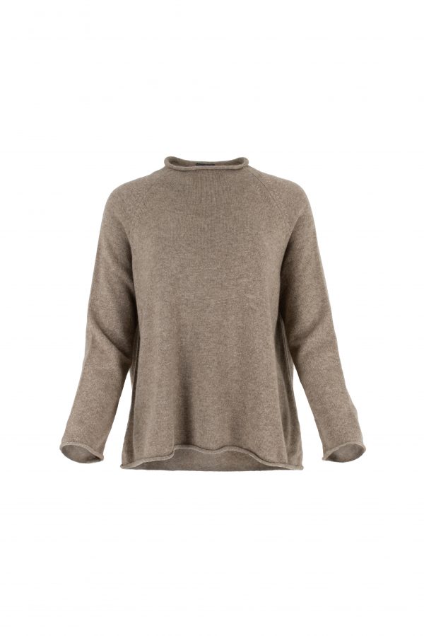 Shyla jumper in mocha — round neck, raglan sleeve, rolled edges (front)