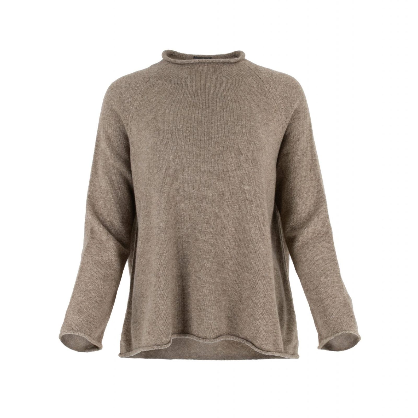 Shyla jumper in mocha — round neck, raglan sleeve, rolled edges (front)