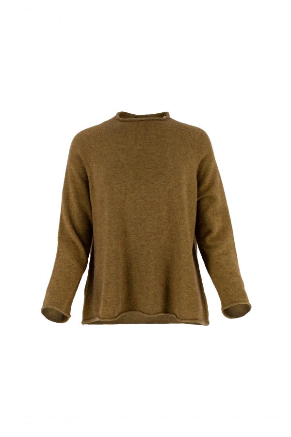 Shyla jumper in olive — round neck, raglan sleeve, rolled edges (front)