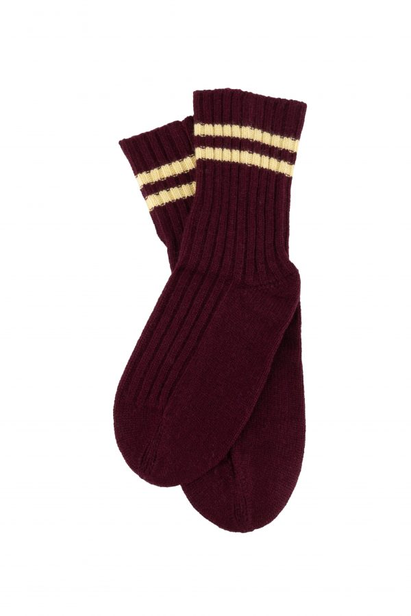 Socks with stripe, ochre knitwear cashmere lambswool rib socks with double stripe – Burgundy with Turmeric stripes
