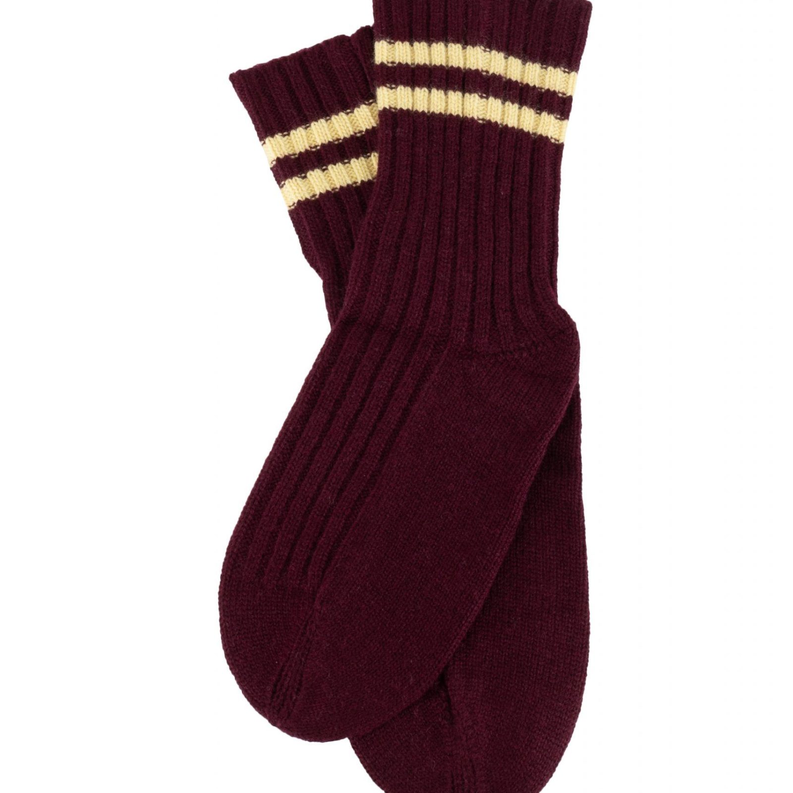 Socks-with-stripe-burgundy-turmeric - Ochre Knitwear Socks with stripe, ochre knitwear cashmere lambswool rib socks with double stripe – Burgundy with Turmeric stripes