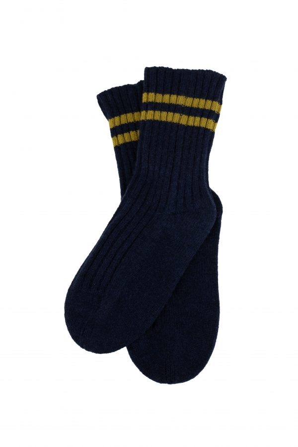 Socks with stripe, ochre knitwear cashmere lambswool rib socks with double stripe – Navy with Moss stripes