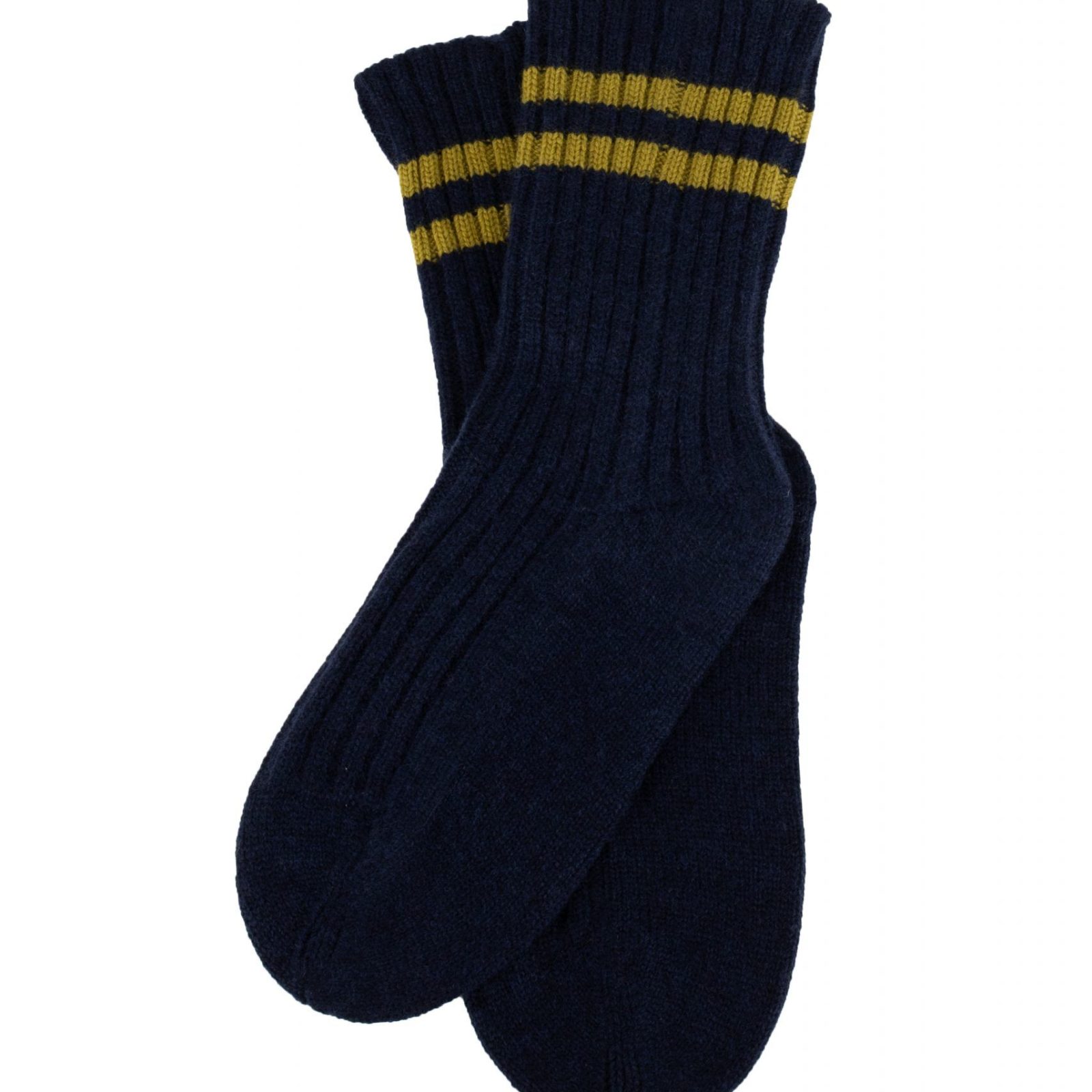 Socks-with-stripe-navy-moss - Ochre Knitwear Socks with stripe, ochre knitwear cashmere lambswool rib socks with double stripe – Navy with Moss stripes