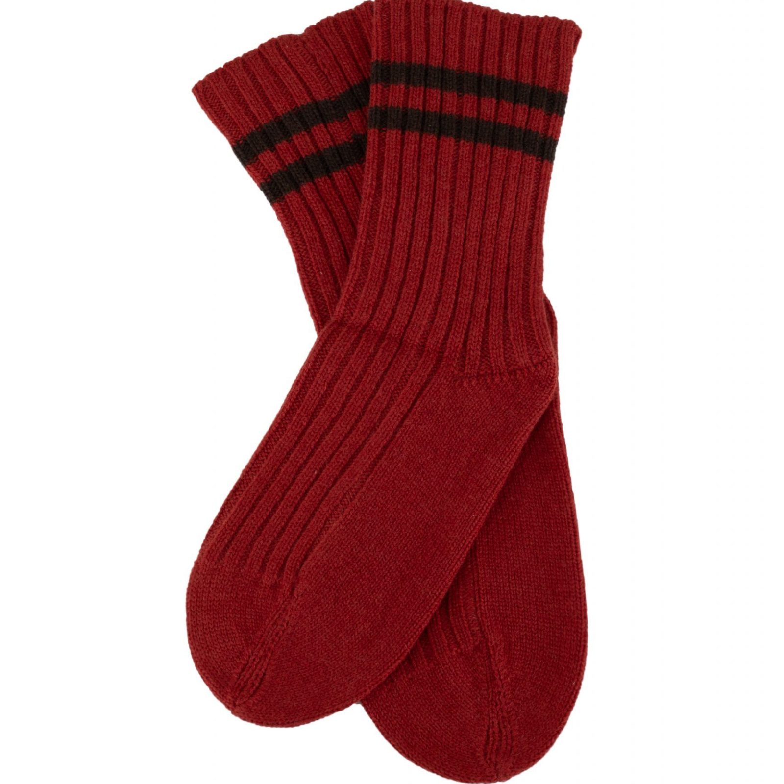 Socks-with-stripe-rust-bitter-chocolate - Ochre Knitwear Socks with stripe, ochre knitwear cashmere lambswool rib socks with double stripe – Rust with Bitter chocolate stripes