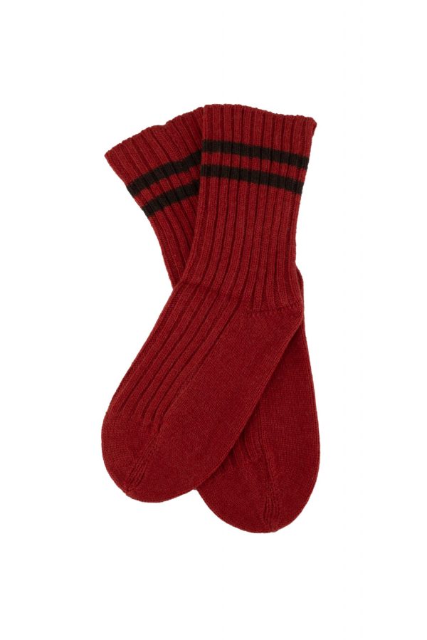 Socks-with-stripe-rust-bitter-chocolate - Ochre Knitwear Socks with stripe, ochre knitwear cashmere lambswool rib socks with double stripe – Rust with Bitter chocolate stripes