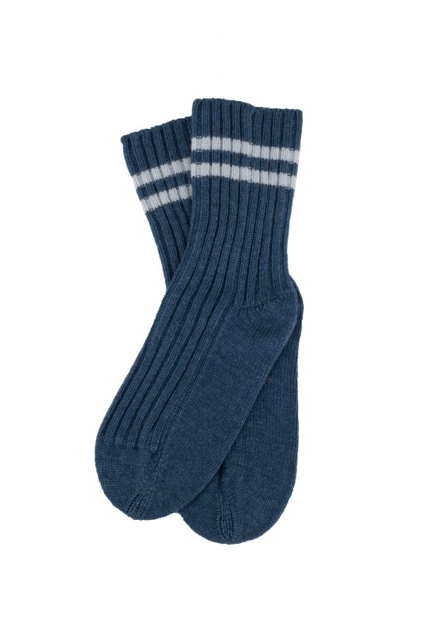 Socks-with-stripe-teal-cloud-blue - Ochre Knitwear Socks with stripe, ochre knitwear cashmere lambswool rib socks with double stripe – Teal with Cloud Blue stripes