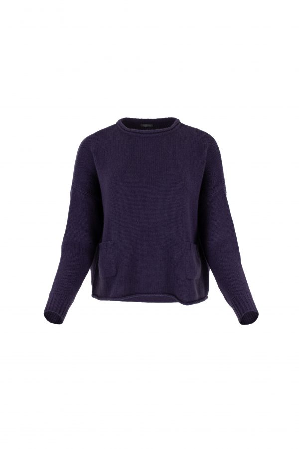 song cashmere mix jumper with long sleeves and two patch pockets in blueberry colour, front view