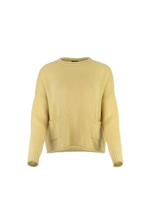 song-cashmere-mix-jumper-turmeric-colour-front-view - Ochre Knitwear song cashmere mix jumper with long sleeves and two patch pockets in turmeric colour, front view