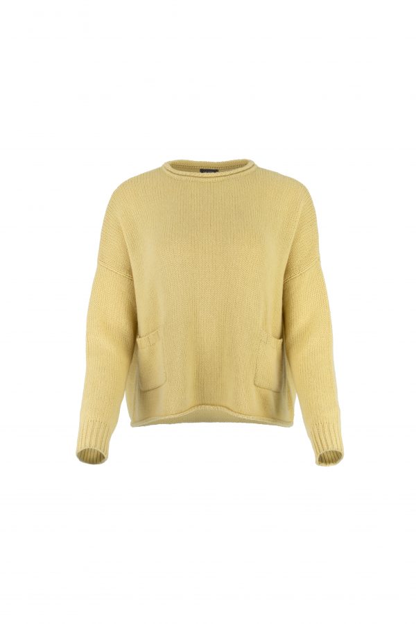 song cashmere mix jumper with long sleeves and two patch pockets in turmeric colour, front view
