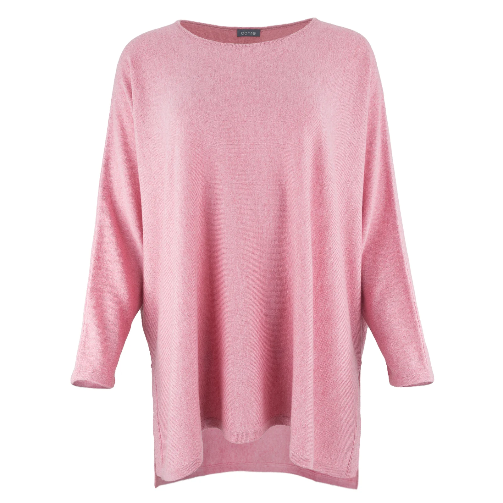 Greta-tunic-top-monet-pink-colour-front-view - Ochre Knitwear tunic top with long sleeves, boat neck and side split in monet pink colour front view