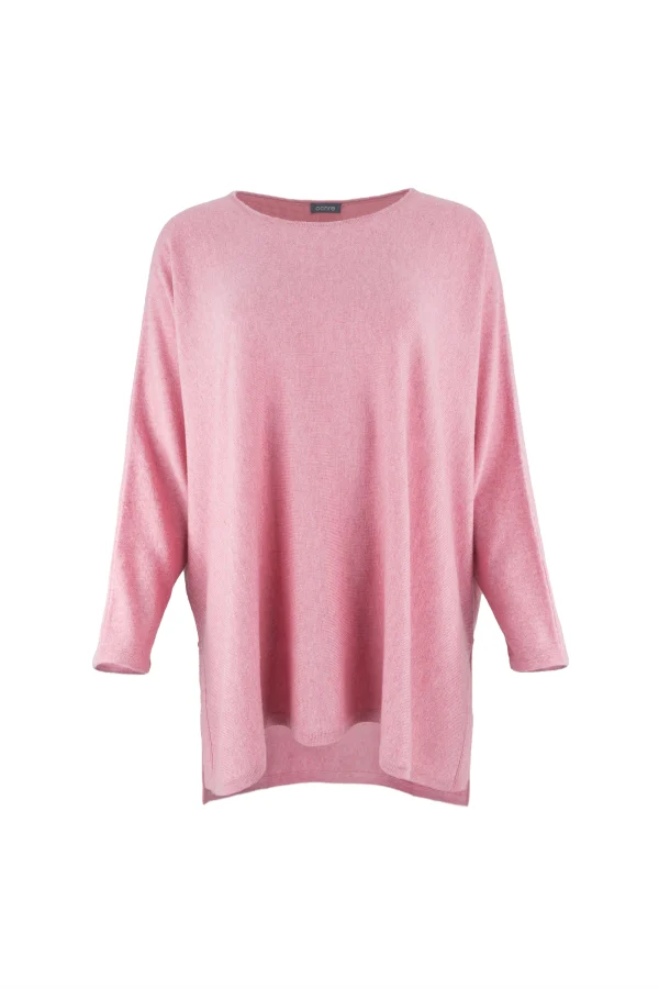 Greta-tunic-top-monet-pink-colour-front-view - Ochre Knitwear tunic top with long sleeves, boat neck and side split in monet pink colour front view