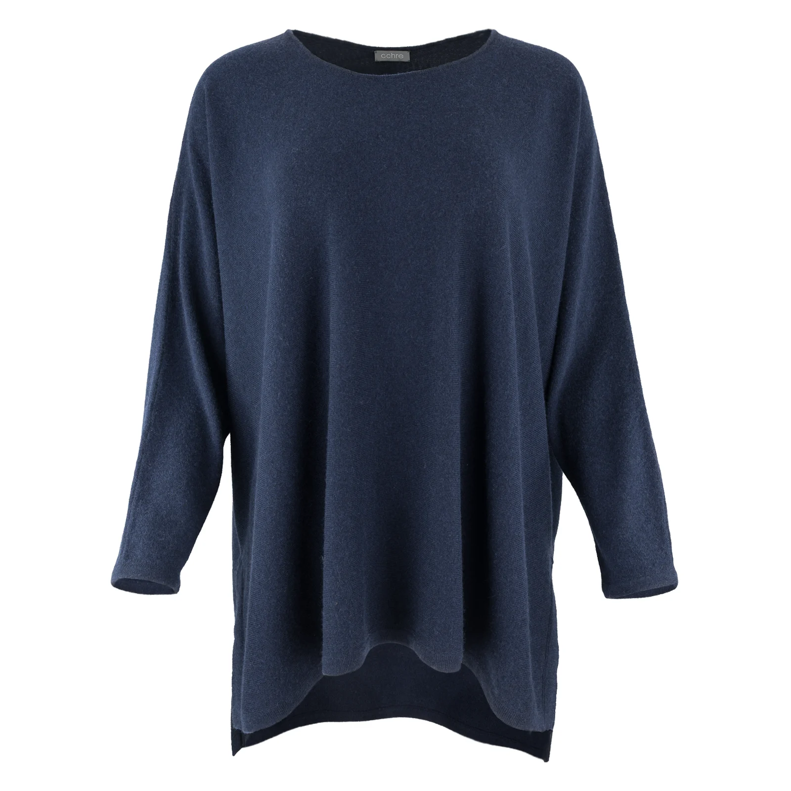 Greta-tunic-top-navy-colour-front-view - Ochre Knitwear tunic top with long sleeves, boat neck and side split in navy colour front view