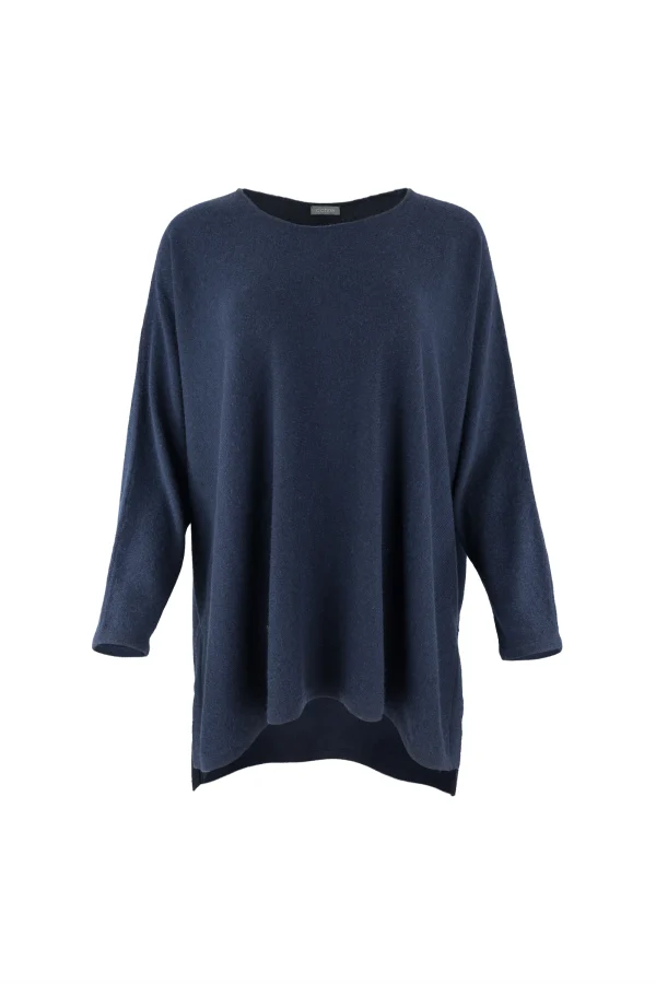 Greta-tunic-top-navy-colour-front-view - Ochre Knitwear tunic top with long sleeves, boat neck and side split in navy colour front view