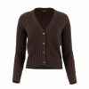 ribbed cashmere & lambswool cardigan with long sleeves, 4 buttons in bitter chocolate colour, front view
