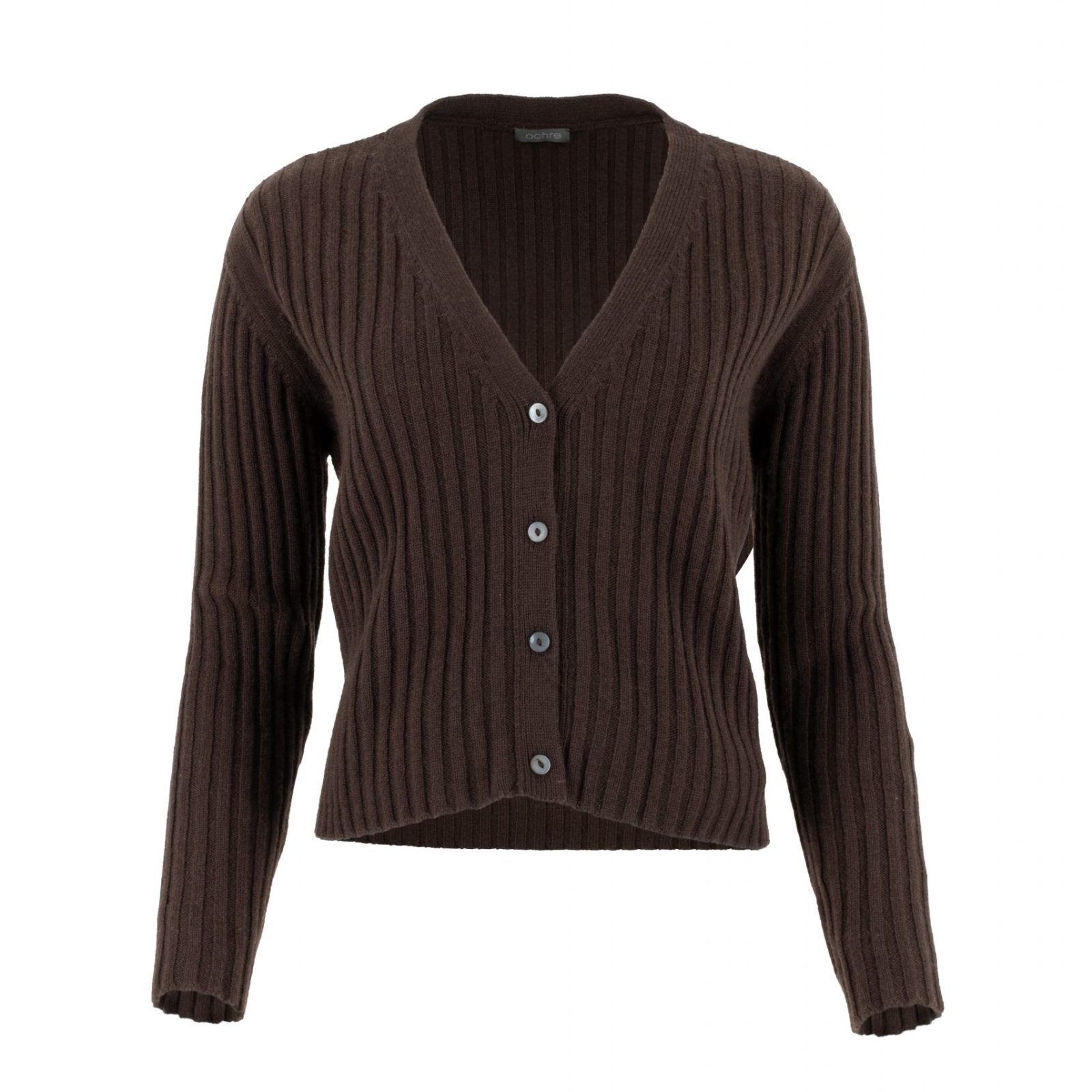 ribbed cashmere & lambswool cardigan with long sleeves, 4 buttons in bitter chocolate colour, front view