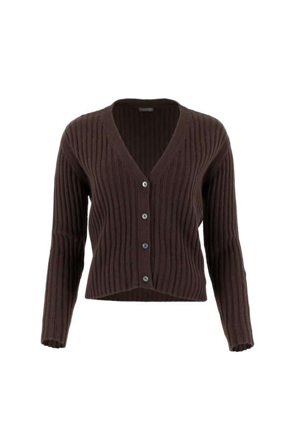 ribbed cashmere & lambswool cardigan with long sleeves, 4 buttons in bitter chocolate colour, front view
