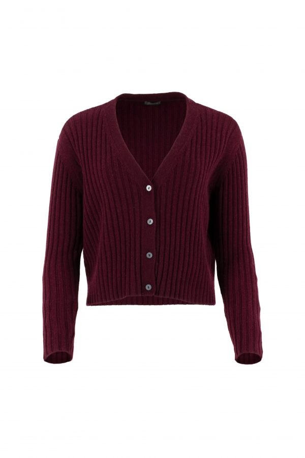 ribbed cashmere & lambswool cardigan with long sleeves, 4 buttons in burgundy colour, front view