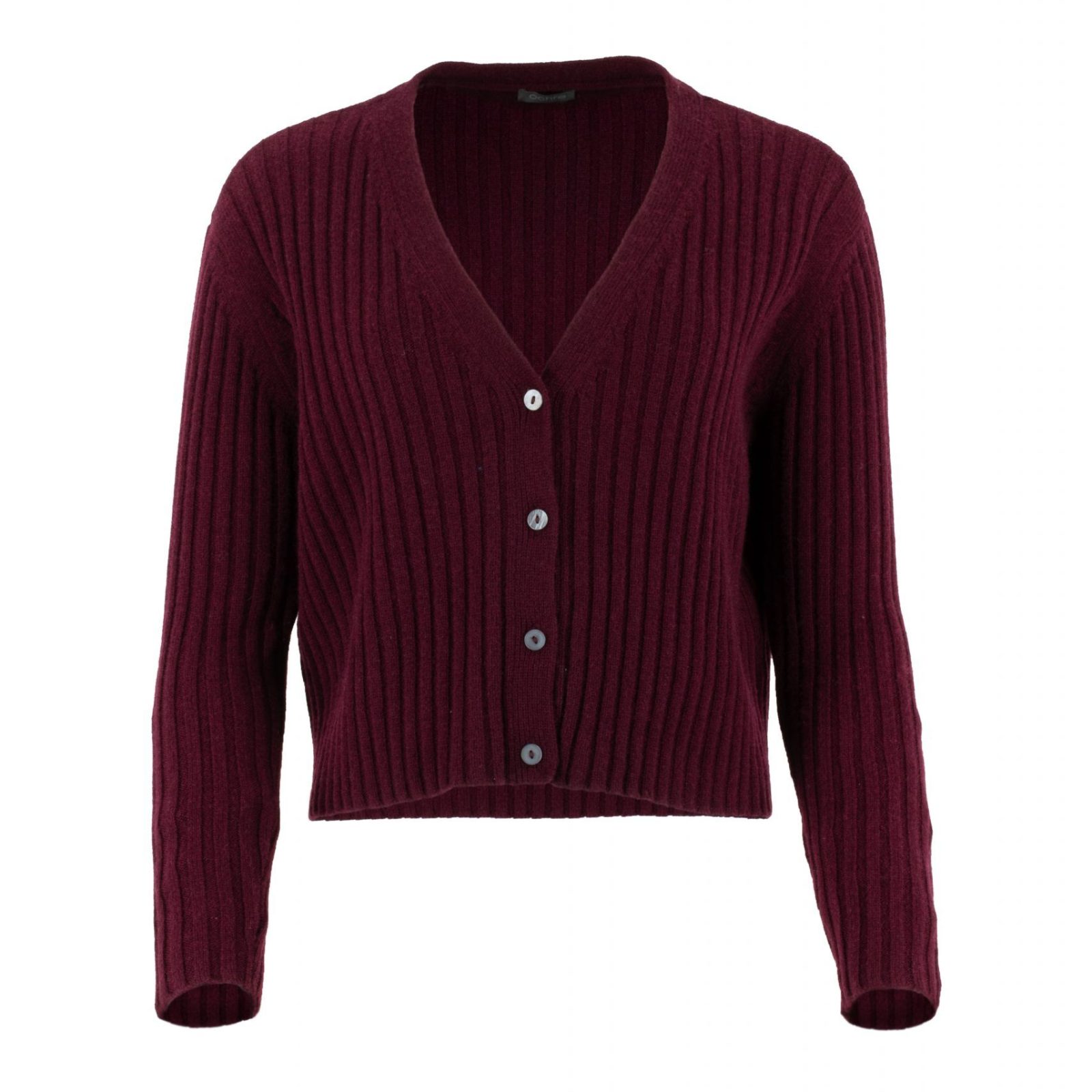 ribbed cashmere & lambswool cardigan with long sleeves, 4 buttons in burgundy colour, front view