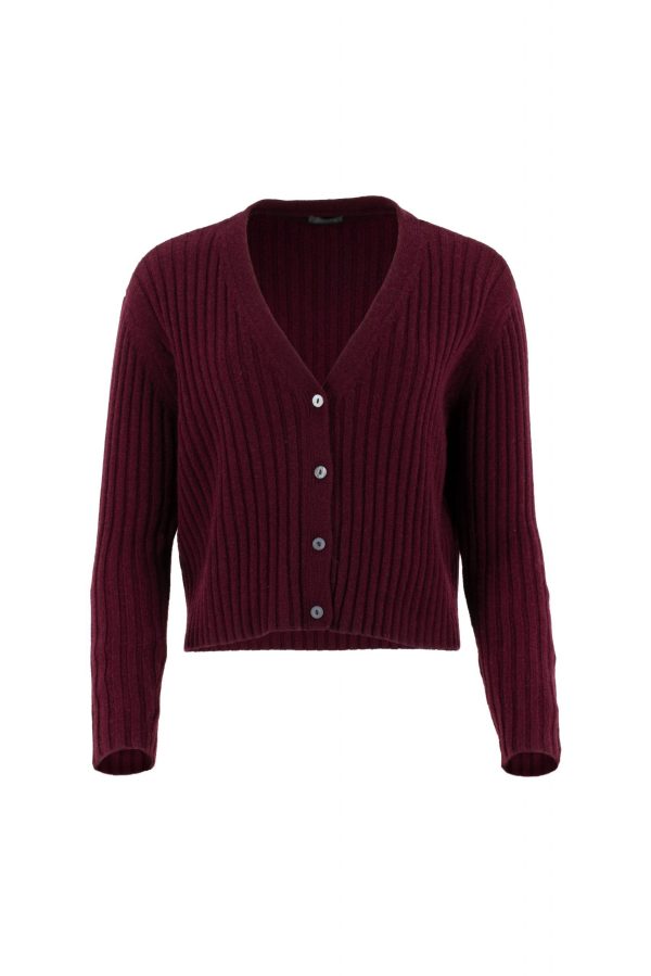 ribbed cashmere & lambswool cardigan with long sleeves, 4 buttons in burgundy colour, front view