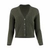 ribbed cashmere & lambswool cardigan with long sleeves, 4 buttons in fir green colour, profile view